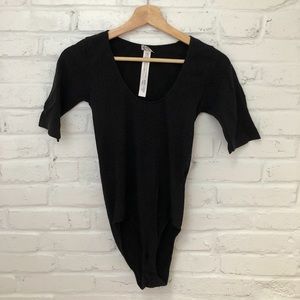 Free People Black Bodysuit with Quarter Sleeve